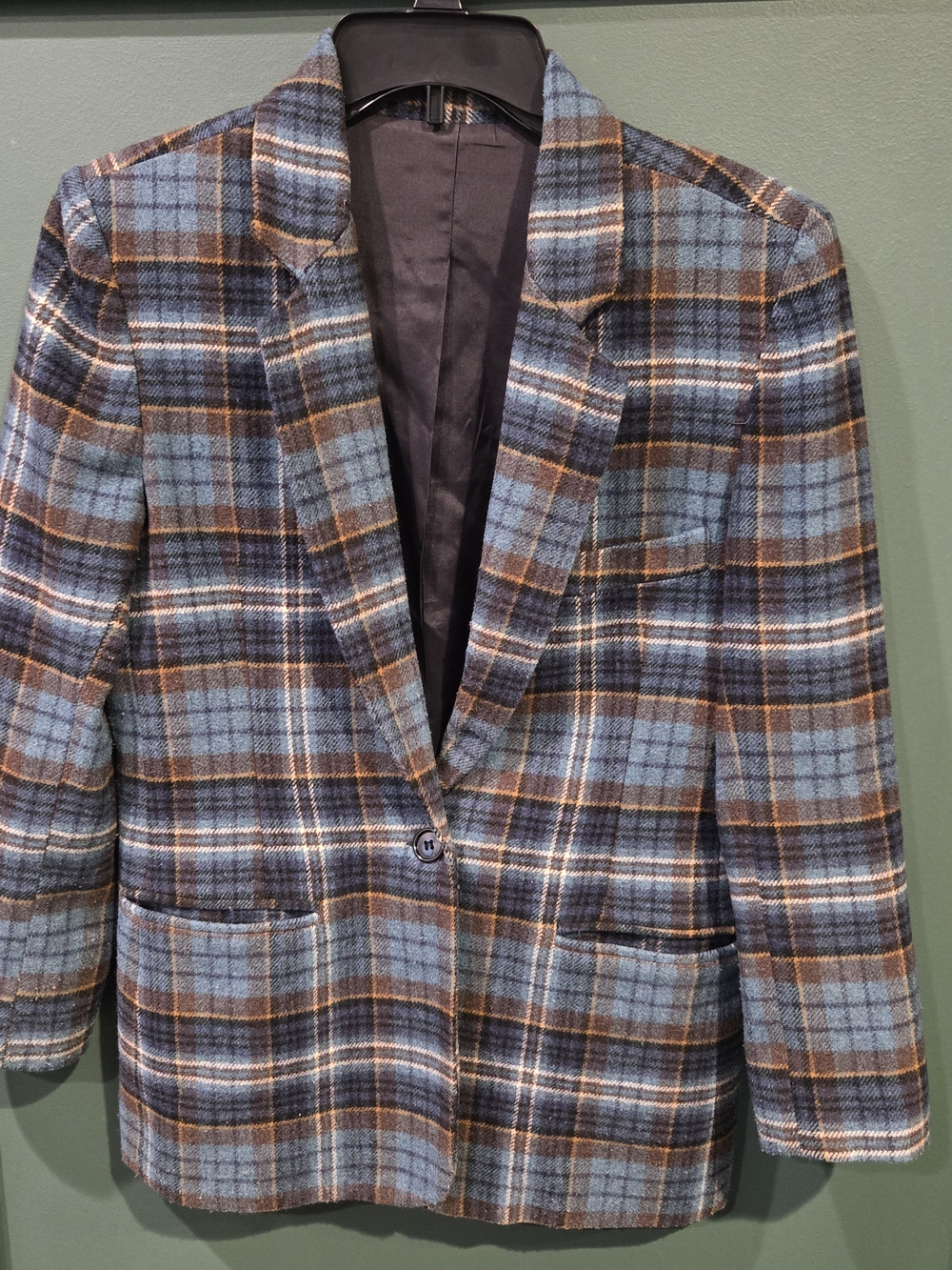 Women's Blue and Brown Plaid Blazer Jacket By Karen Kane Made In The USA